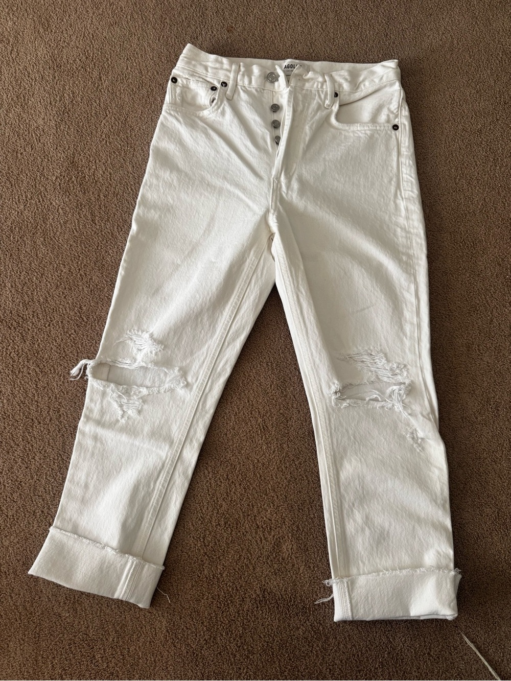 Agolde White Distressed Boyfriend Crop Jeans